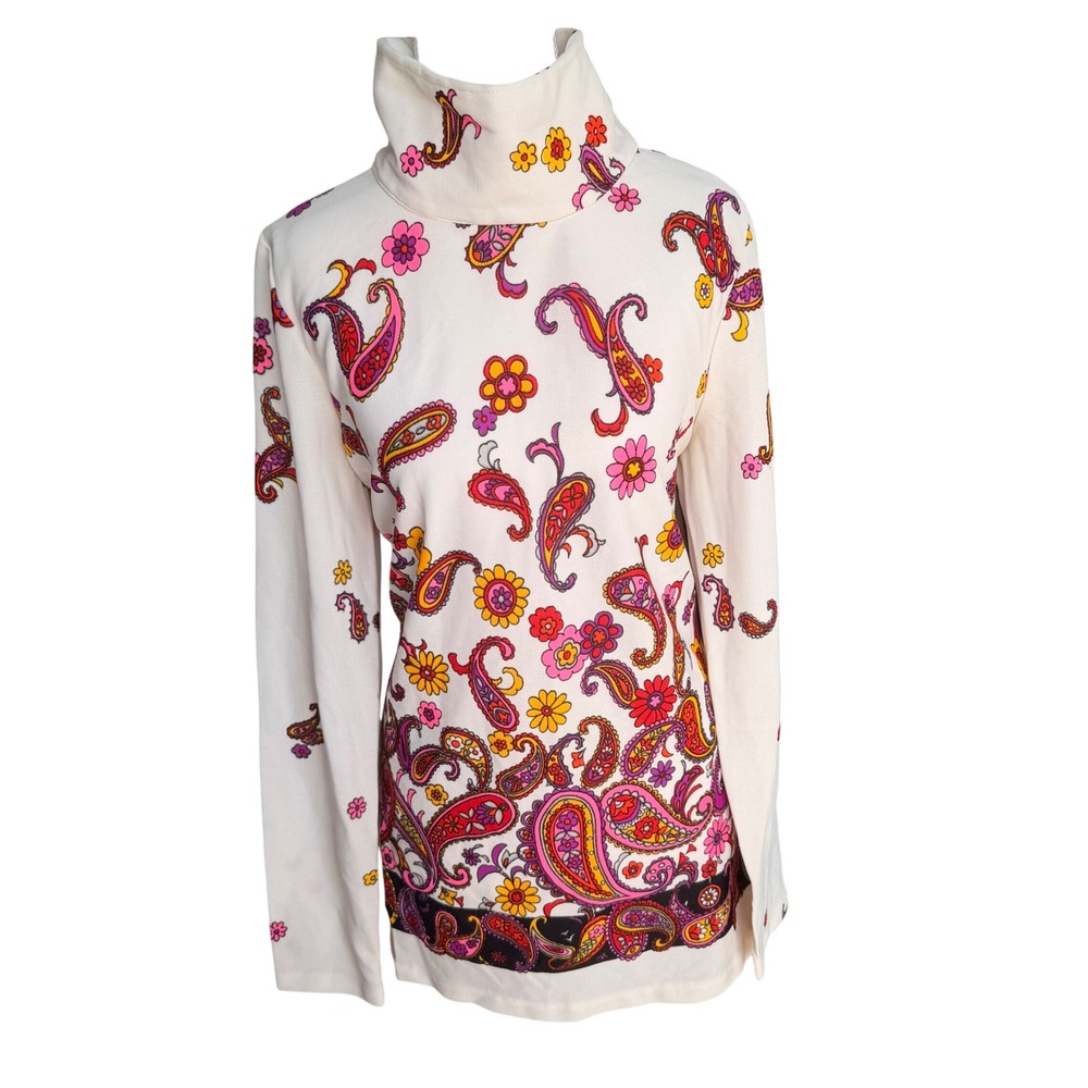 Vintage‎ Lanie G. California Paisley Floral Turtleneck Top Pink Orange Mod 70s